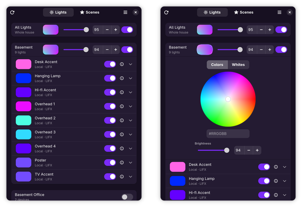 Luxel side by side: the Lights view with rooms and devices, and a room's inline color wheel