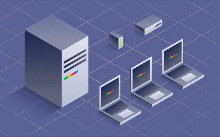 Isometric illustrations of computers and network equipment on a blue grid background