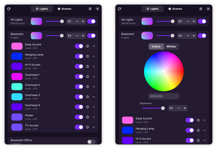 Luxel side by side: the Lights view with rooms and devices, and a room's inline color wheel